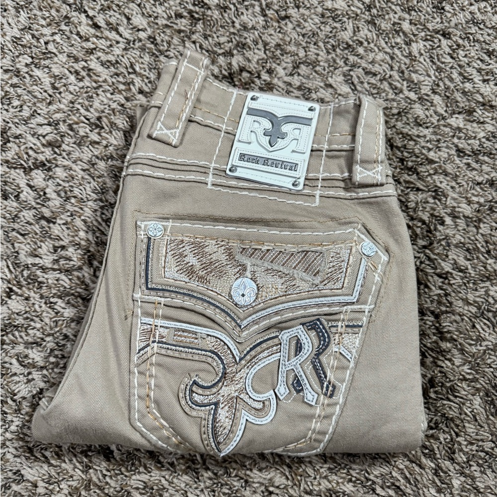 Rock Revival Beige Jeans with Embroidered Pocket